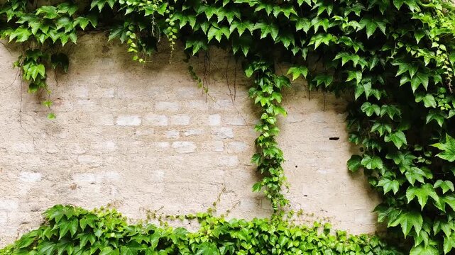 Lush green ivy vines growing and creeping on the facade of an old, weathered brick building. Natural foliage creating a beautiful pattern