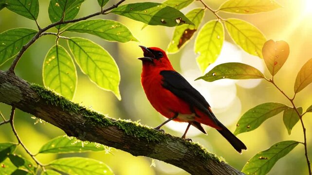 Scarlet tanager bird perched on a mossy branch singing with sunlight shining through the green leaves