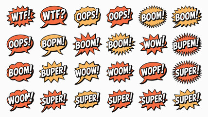 A collection of colorful comic book style speech bubbles displaying various exclamations like wow boom and oops high quality professional detailed modern elegant stylish clean crisp © Roxxxxxxxxx