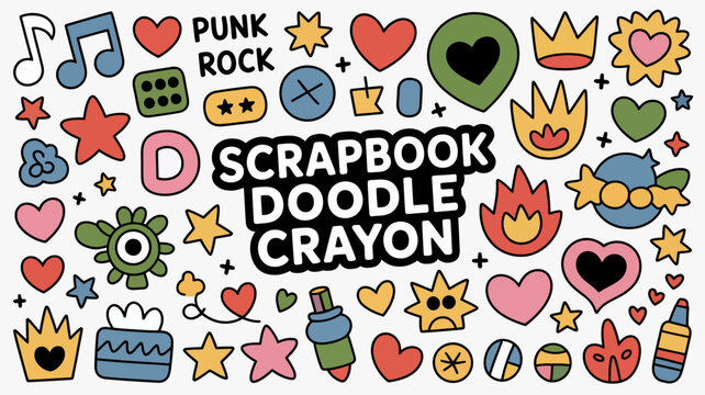 A vibrant colorful collection of hand drawn doodles including hearts stars musical notes and the words punk rock scrapbook doodle crayon high quality professional detailed modern