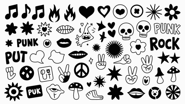 A chaotic black and white doodle collection features music notes hearts skulls lips peace signs and various punk rock inspired symbols high quality professional detailed modern