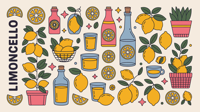 A colorful illustration showcases various elements related to limoncello including lemons bottles glasses and lush green foliage high quality professional detailed modern elegant stylish clean crisp