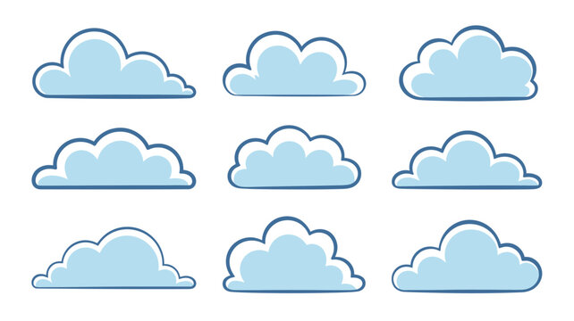 A collection of nine cartoon style clouds with light blue fills and dark blue outlines are arranged on a plain white background high quality professional detailed
