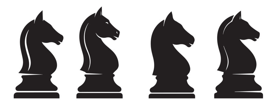 Four black silhouette chess knight pieces in profile view with board game mind game white background strategy
