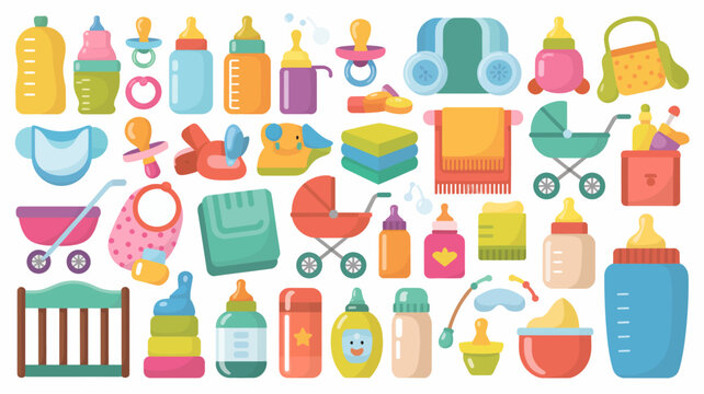 A vibrant collection of baby essentials is displayed including bottles pacifiers clothing and toys creating a colorful and cheerful composition high quality professional detailed modern elegant
