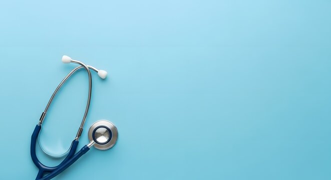A stethoscope resting on a light blue background for medical reference