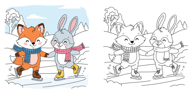 Cute cartoon fox and rabbit ice skating together, happy friends holding hands on frozen lake, funny winter animals vector illustration.