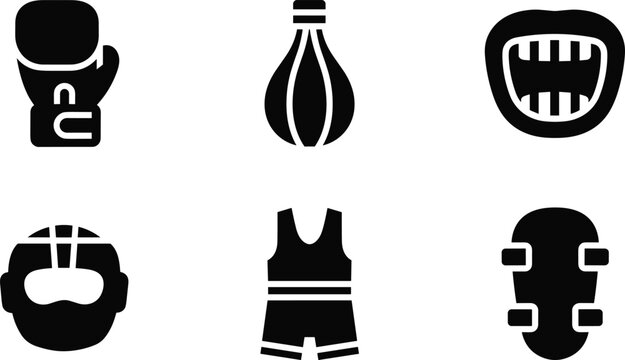 boxing and sports equipment silhouette vector set featuring boxing glove punching bag mouth guard helmet sports uniform and protective gear icons isolated on white background