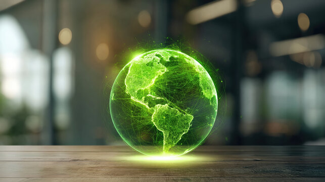 Digital green logistics globe glowing with network lines conveying eco friendly transport
