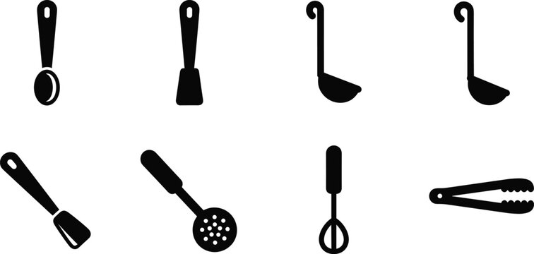 kitchen utensils silhouette vector set featuring spoon spatula ladle skimmer whisk and tongs icons isolated on white background
