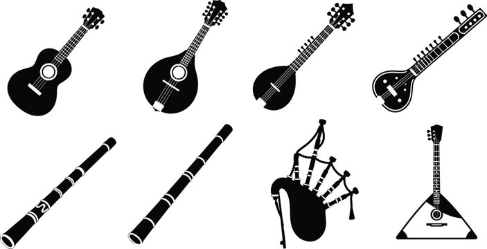 musical instruments silhouette vector set featuring guitars mandolin sitar flute bagpipes and balalaika icons isolated on white background