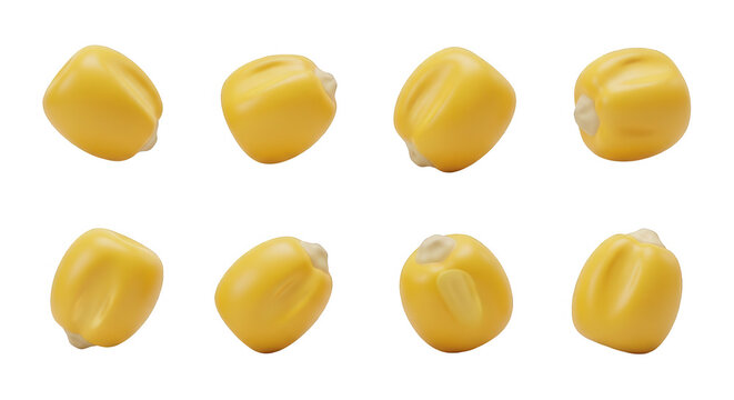 close-up of eight yellow corn kernels floating on a white background food illustrations or culinary projects