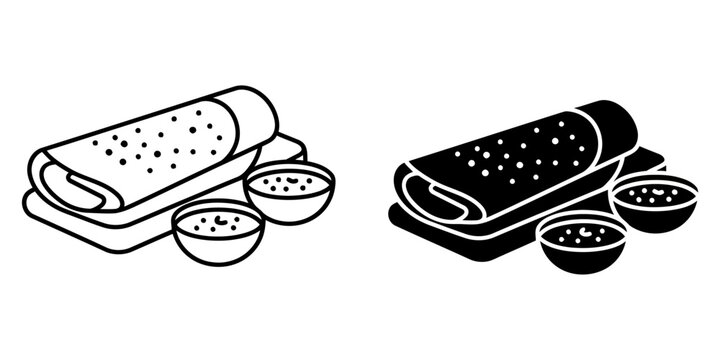 Masala dosa line and glyph icons set featuring rolled rice crepe served with coconut chutney and sambar bowls for south indian cuisine concept isolated on white background vector illustration art.