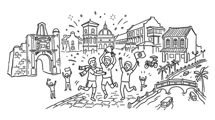 Naklejka premium People Celebrating in Historic Town Featuring Landmark Buildings