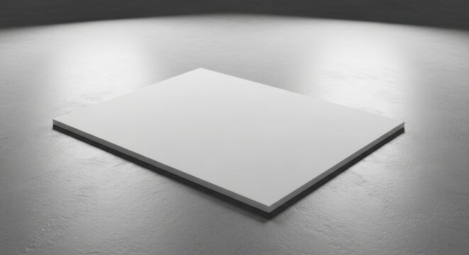 A crisp white cardstock sheet rests on a textured, polished surface with subtle lighting and shadows.