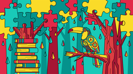 Obraz premium Jigsaw Puzzle Jungle with Mechanical Gear Toucan and Book Trees Pop Surrealism Flat Illustration with Bold Outlines
