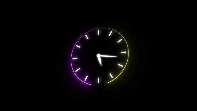 Neon clock icon animation with circular time indicator. Glowing timer dial for loading and time tracking visuals. Animated watch style time control element. Glowing clock icon animation.
