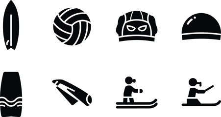 water sports silhouette vector set featuring surfboard volleyball water polo cap swim cap wetsuit flippers scuba diving fins jet ski and water skiing icons isolated on white background © SADDAM