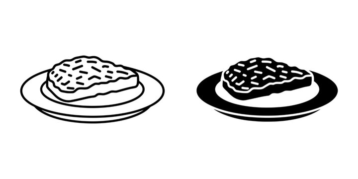 Steak served on a plate both in outline and filled versions, representing simple food service icons for culinary themes and restaurant menus, perfect for web graphics.