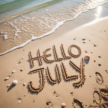 Hello july text written on sandy beach with ocean waves seashells and summer holiday coastal background
