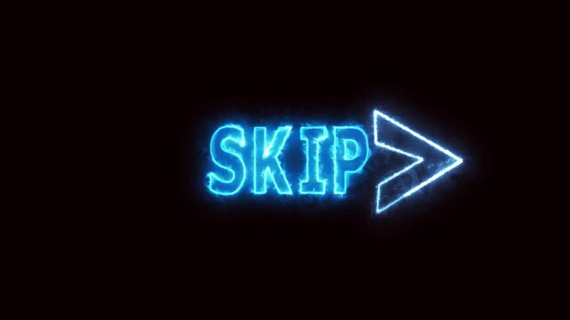 Digital technology interface animation electric blue neon skip button for streaming and broadcast. Futuristic cyberpunk sci fi neon skip button animation with next arrow ui ux design elements.