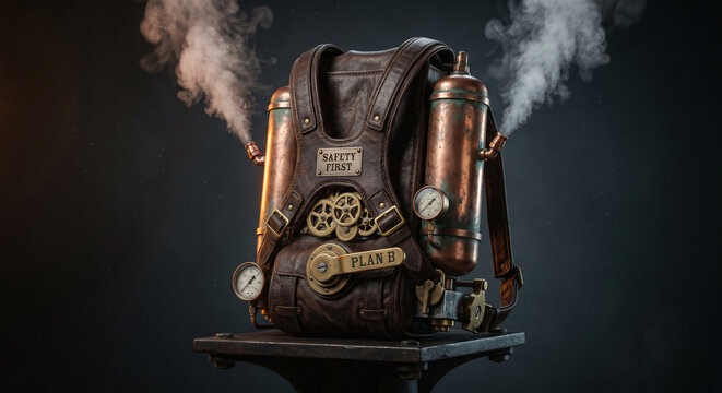 Steampunk backpack illustration in retro-futuristic mechanical style, brass and copper tones, representing optimism and pessimism metaphor