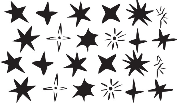 Black crayon hand drawn stars and sparkles set. Childish doodle sparks collection. Grunge rough brush stroke shine element pack for collage, poster, sticker, label. Kid sketched pencil symbols. Vector