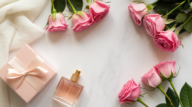 Top view flat lay with pink roses gift box and perfume on marble background for elegant mother&rsquo;s day design