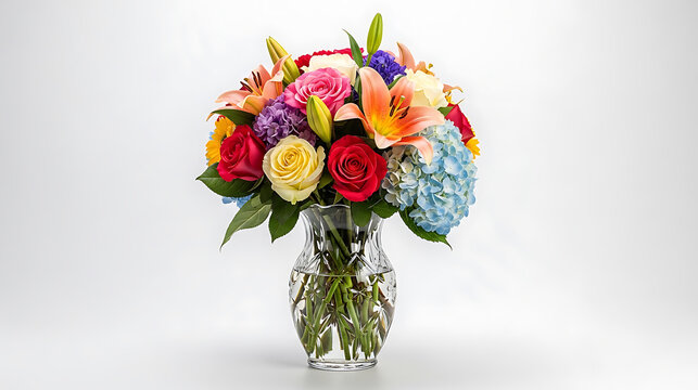 Colorful flower bouquet with roses lilies and hydrangea in a crystal vase