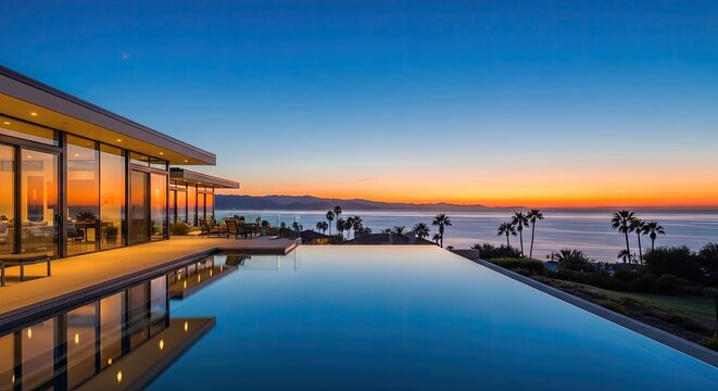 Modern luxury home exterior overlooking infinity pool ocean view sunset