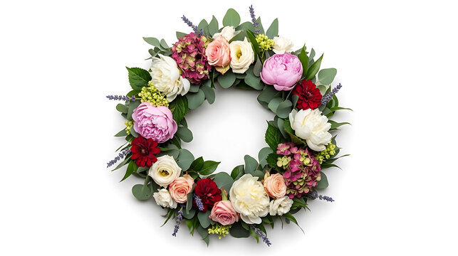 Circular flower wreath with roses peonies and hydrangeas hydrangea colorful