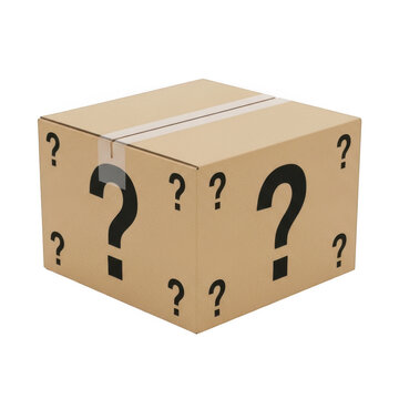 A brown cardboard box with black question marks