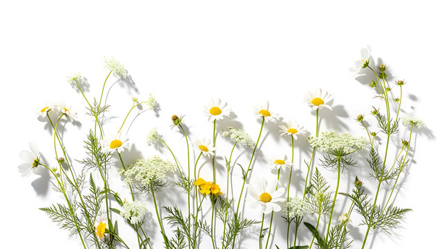 Row of fresh field wildflowers and chamomile isolated on white background