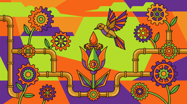 Mechanical Gear Garden with Robotic Bird Pop Surrealism Flat Illustration with Bold Outlines
