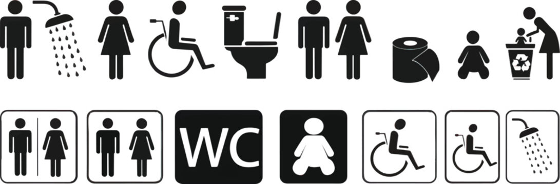 WC icon set. Toilet, restroom, man and woman, bathroom, disabled, dumpster, toilet paper, infant