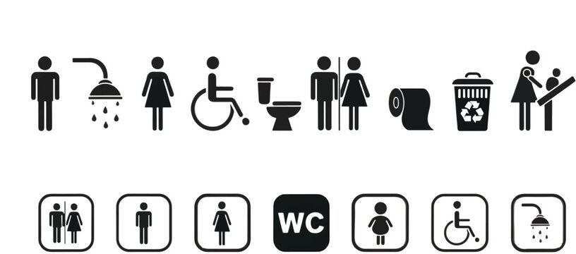 WC icon set. Toilet, restroom, man and woman, bathroom, disabled, dumpster, toilet paper, infant