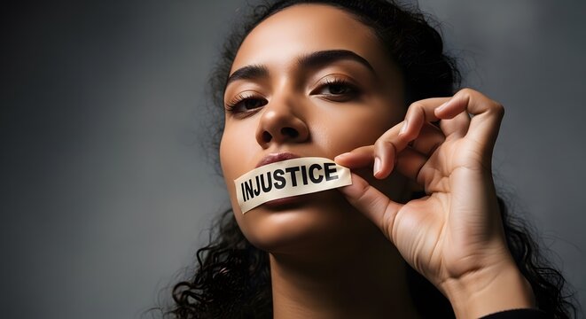 Conceptual close-up of a young woman being silenced by a paper strip reading 'INJUSTICE'. A symbolic image for World Day for International Justice, highlighting censorship and legal rights