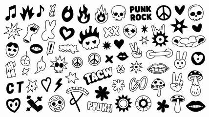Fototapeta premium A collection of black and white doodles featuring punk rock cute and edgy imagery like skulls hearts and musical notes high quality professional detailed modern elegant