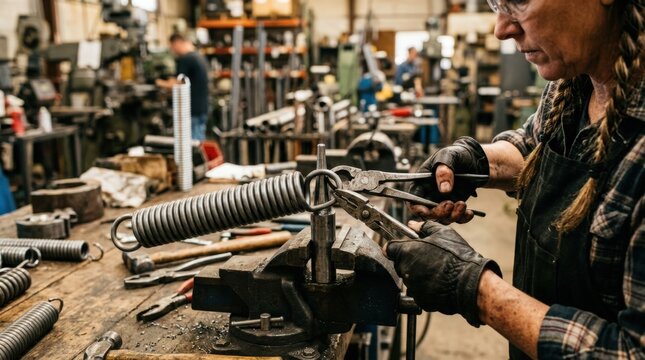 Closeup medium view of a craftsman bending German loops on an extension spring highlighting detailed handwork and specialized tools in a manufacturing environment.