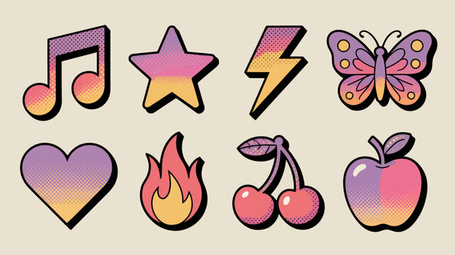A vibrant collection of pop art icons displays a musical note star lightning bolt butterfly heart flame cherries and apple high quality professional detailed modern elegant