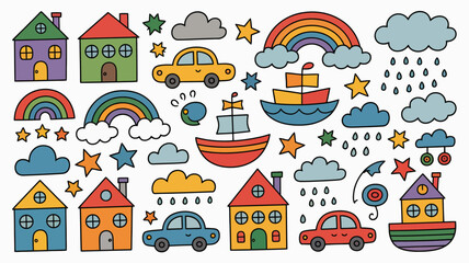Fototapeta premium A cheerful doodle collection features colorful houses cars a boat rainbows stars and clouds creating a whimsical and playful scene high quality professional detailed modern elegant