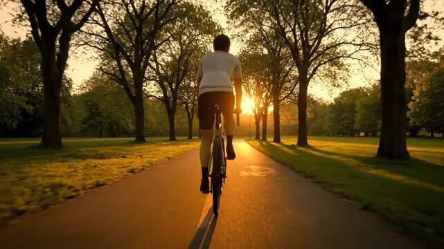 A cyclist rides a bicycle down a park path, facing the golden sunset during summer, with trees and grass lining the way