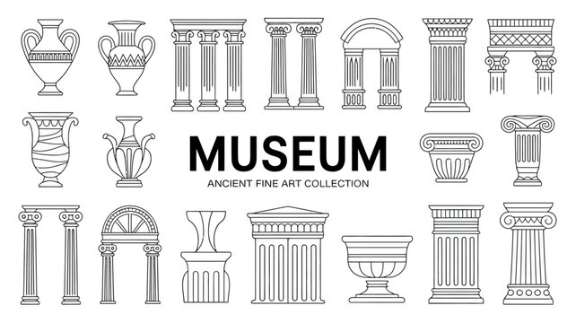 A collection of linear illustrations depicting ancient greek and roman architectural elements including columns vases and arches high quality professional detailed modern elegant stylish clean crisp