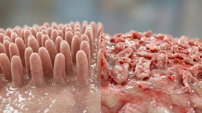 Gut healthy dysbiosis intestine microbiome villi gut healthy vs dysbiosis concept with intestine villi and damaged tissue close up medical illustration showing microbiome imbalance inflammation
