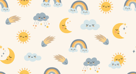 Fototapeta premium Cute celestial seamless pattern for kids featuring sleeping suns moons rainbows clouds and shooting stars on a cream background.