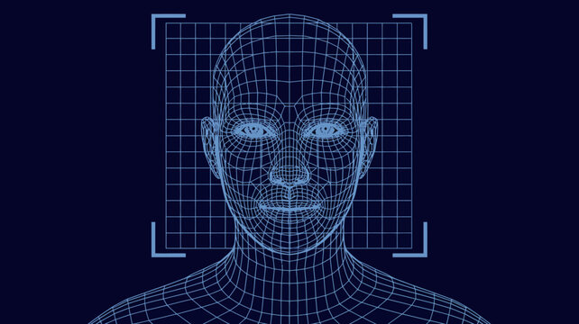 A blue wireframe rendering of a human face is centered within a grid suggesting facial recognition technology or digital modeling high quality professional detailed modern elegant