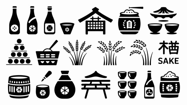 A collection of black silhouette icons representing traditional japanese food sake and cultural elements like temples and rice high quality professional detailed modern elegant stylish clean