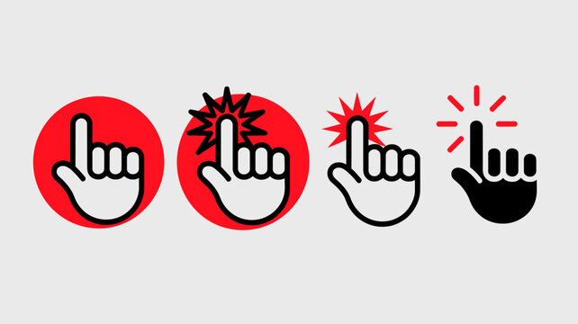 A sequence of hand icons depicts a clicking action intensifying with each step culminating in a black silhouette high quality professional detailed modern elegant stylish clean