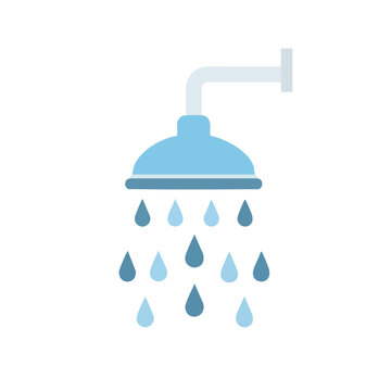 Shower head, blue shower, water droplets, bathroom icon