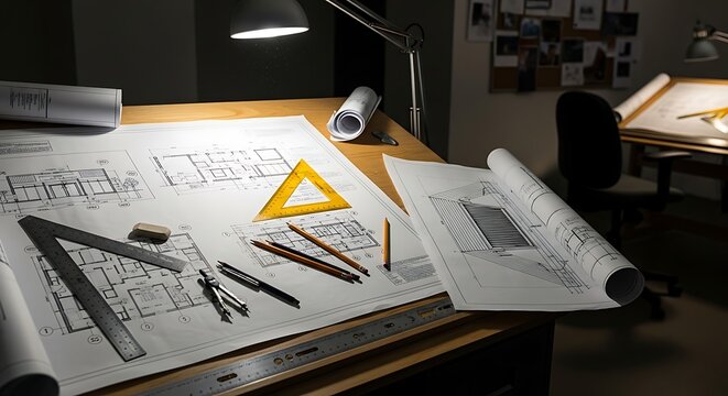 Architectural blueprint drafting with precision tools on wooden desk